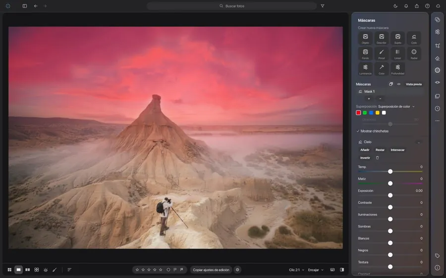 Panel de máscaras de RAW Studio con un degradado lineal aplicado al cielo