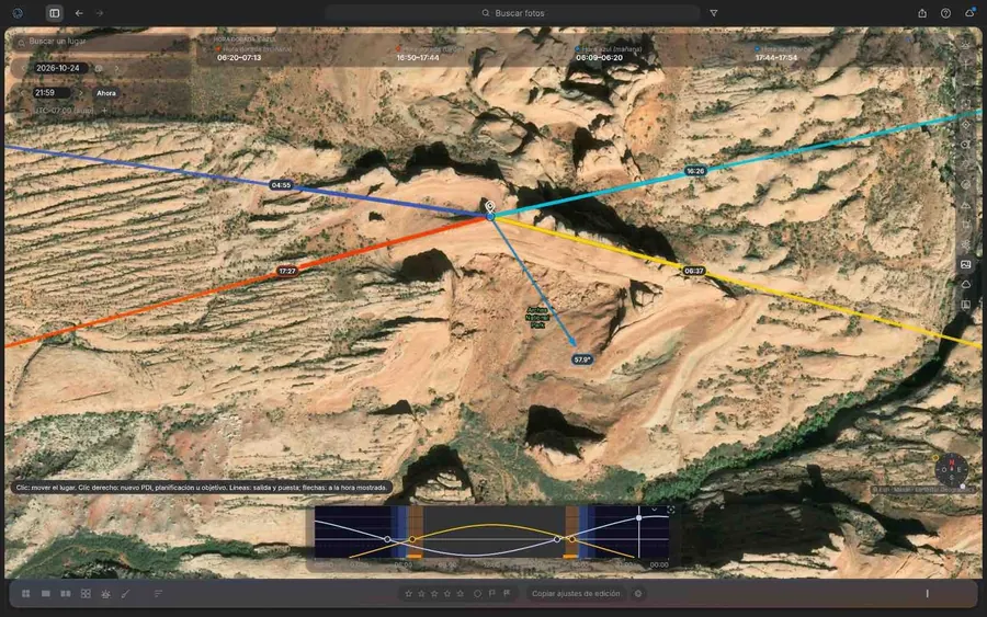 Mapa satélite del planificador con las líneas de salida y puesta del Sol y la Luna y la barra de tiempo